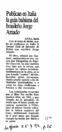 Publican en ITalia la guía bahiana del brasileño Jorge Amado.