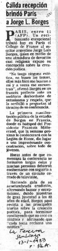 Cálida recepción brindó París a Jorge L. Borges.