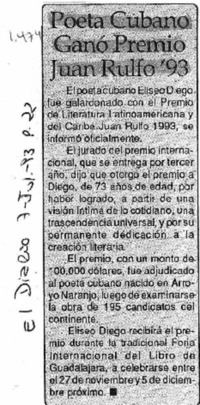 Poeta cubano ganó Premio Juan Rulfo '93.
