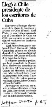 Llegó a Chile presidente de los escritores de Cuba.