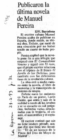 Publicaron la última novela de Manuel Pereira.