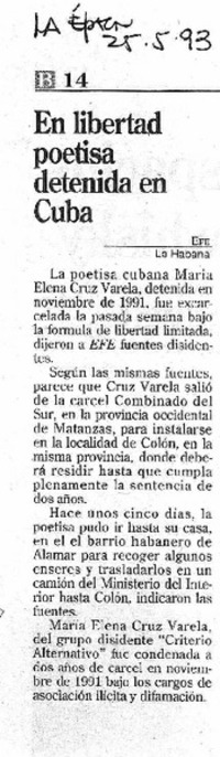 En libertad poetisa detenida en Cuba.