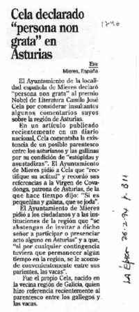 Cela declarado "persona non granta" en Asturias.