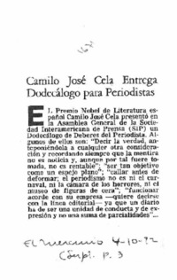 Camilo José Cela entrega dodecálogo para periodistas.