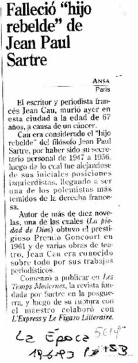 Falleció "hijo rebelde" de Jean Paul Sartre.