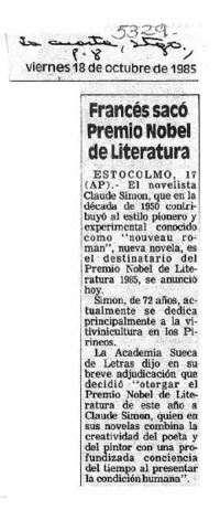 Francés sacó Premio Nobel de Literatura.