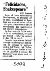 Felicidades, Shakespeare".