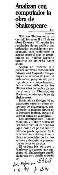 Analizan con computador la obra de Shakespeare.