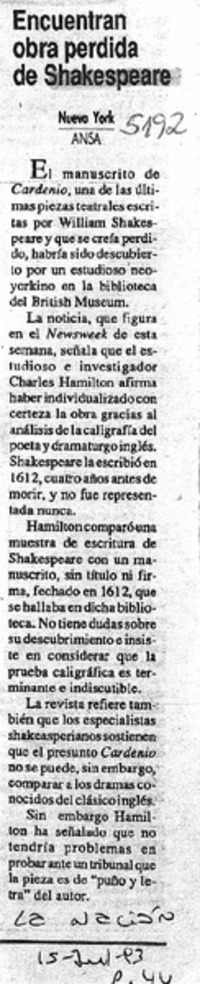 Encuentran obra perdida de Shakespeare.