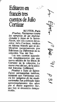 Editaron en francés tres cuentos de Julio Cortázar.