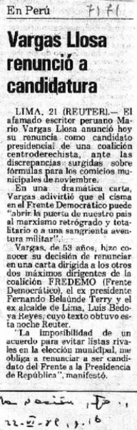 Vargas Llosa renunció a candidatura.