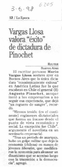 Vargas Llosa valora "éxito" de dictadura de Pinochet.