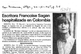 Escritora Françoise Sagan hospitalizada en Colombia