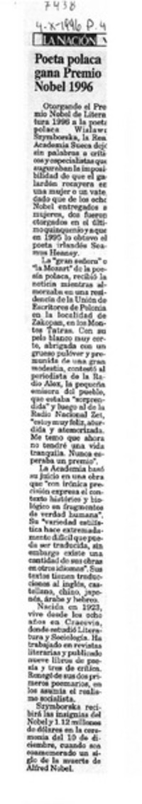 Poeta polaca gana Premio Nobel 1996.