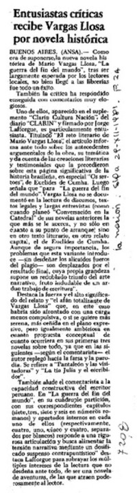 Entusiastas críticas recibe Vargas Llosa por novela histórica.