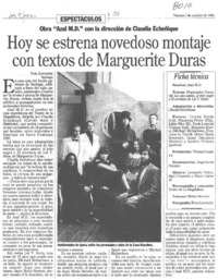 Hoy se estrena novedoso montaje con textos de Marguerite Duras