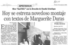 Hoy se estrena novedoso montaje con textos de Marguerite Duras