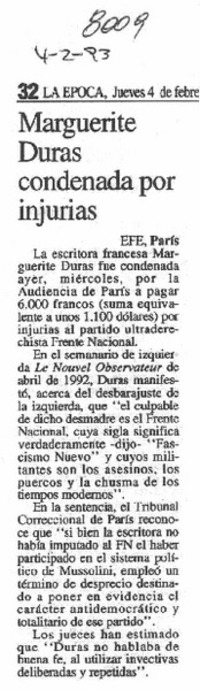 Marguerite Duras condenada por injurias.