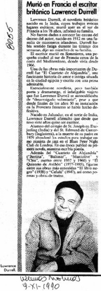 Murió en Francia el escritor británico Lawrence Durrell.