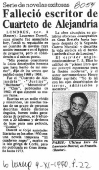 Falleció escritor de Cuarteto de Alejandría.