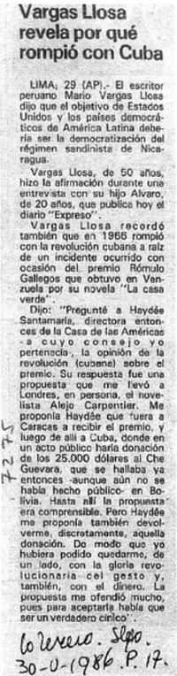 Vargas Llosa revela por qué rompió con Cuba.