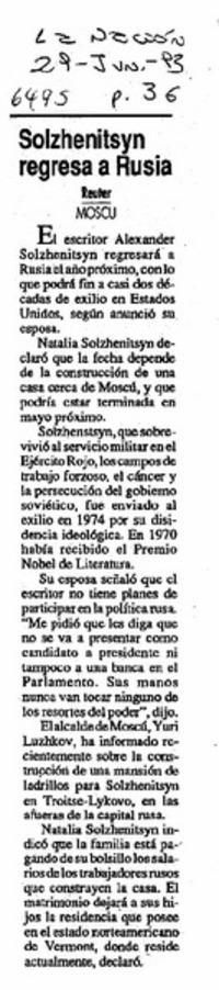 Solhenitsyn regresa a Rusia