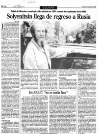 Solyenitsin llega de regreso a Rusia Nobel de literatura concluyó exilio iniciado en 1974 cuando fue expulsado de la URSS