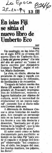 En islas Fiji se sitúa el nuevo libro de Umberto Eco.