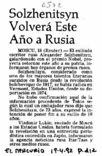 Solzhenitsyn volverá este año a Rusia