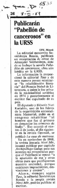 Publicarán "Pabellón de cancerosos" en la URSS