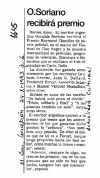 O. Soriano recibirá premio