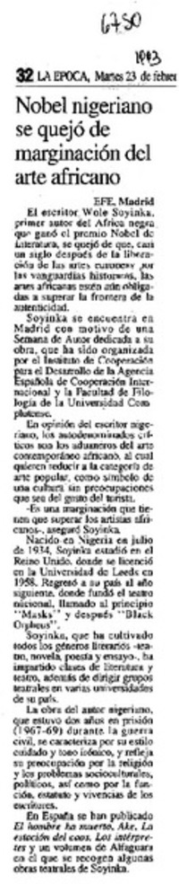 Nobel nigeriano se quejó de marginación del arte africano