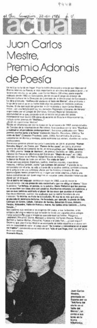 Juan Carlos Mestre, Premio Adonais de Poesía