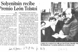 Solyenitsin recibe Premio León Tolstoi.