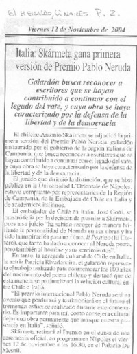 Italia: Skármeta gana primera versión de Premio Pablo Neruda