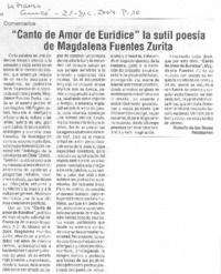 "Canto de amor de Eurídice" la sutil poesía de Magdalena Fuentes Zurita