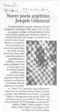 Muere poeta argentino Joaquín Giannuzzi