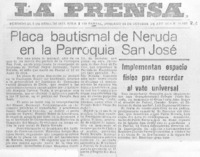 Placa bautismal de Neruda en la Parroquia San José