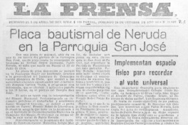 Placa bautismal de Neruda en la Parroquia San José