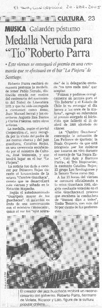 Medalla Neruda para "Tío" Roberto Parra