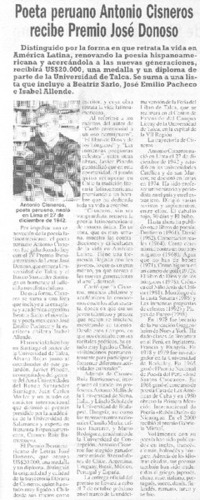 Poeta peruano Antonio cisneros recibe Premio José Donoso