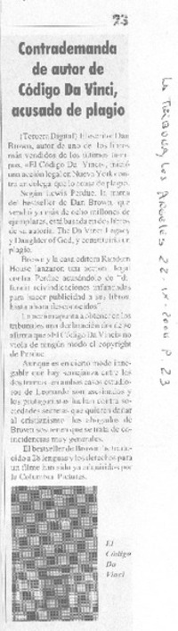 Contrademanda de autor de Código Da Vinci, acusado de plagio
