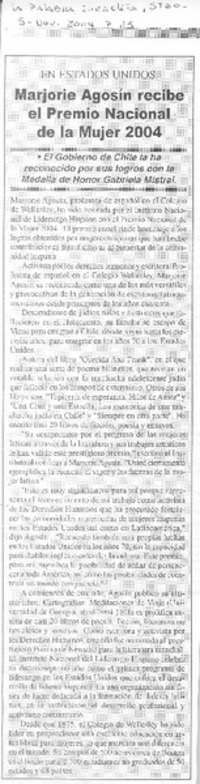 Marjorie Agosin recibe el Premio Nacional de la Mujer 2004