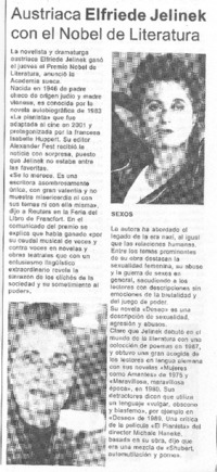 Austríaca Elfriede Jelinek con el Nobel de literatura