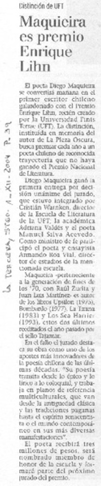 Maquieira es premio Enrique Lihn