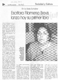 Escritora Filomena Brevis lanza hoy su primer libro