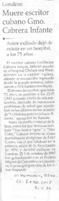 Muere escritor cubano Gmo. Cabrera Infante