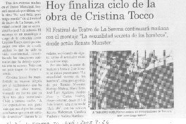 Hoy finaliza ciclo de la obra de Cristina Tocco.