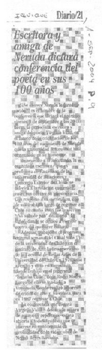 Escritora y amiga de Neruda dictará conferencia del poeta en sus 100 años.