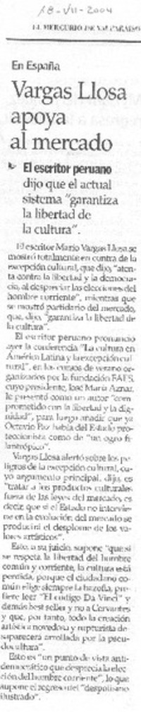 Vargas Llosa apoya al mercado